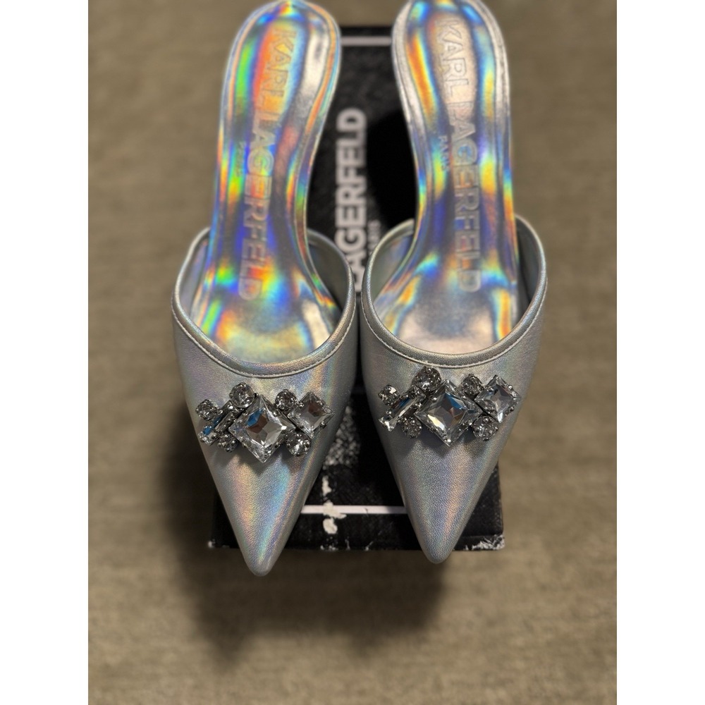 Karl Lagerfeld Paris Sosie Pointed-Toe Embellished Slip-On Pumps‎ Size 8 Silver